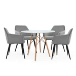 El juego de comedor Owen con mesa redonda en MDF y 4 sillas tapizadas en terciopelo. Diseño moderno, elegante y perfecto para tu hogar.
