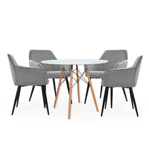 El juego de comedor Owen con mesa redonda en MDF y 4 sillas tapizadas en terciopelo. Diseño moderno, elegante y perfecto para tu hogar.
