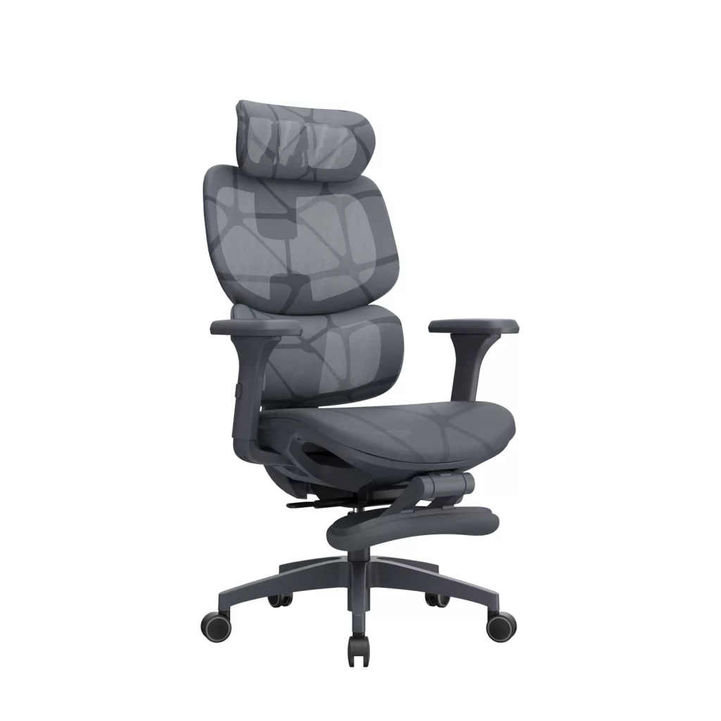 Silla de oficina Sam con reposapiés, cabecero, espaldar en malla y brazos 3D regulables.