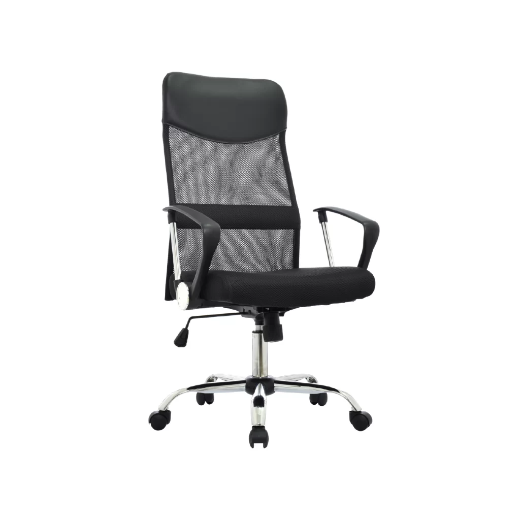 Silla de oficina Seul Eco con espaldar en malla y estructura cromada para oficinas ejecutivas modernas.