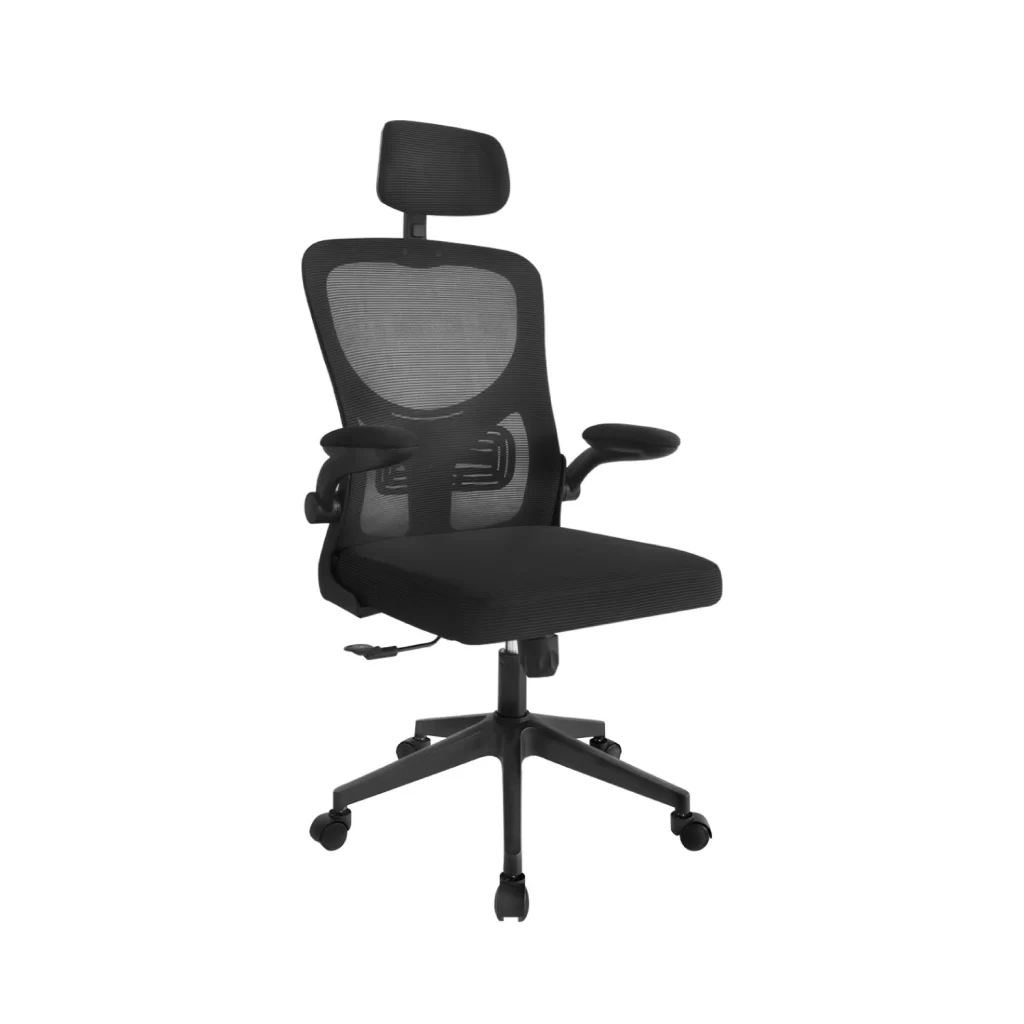Silla Zad en malla negra con cabecero, apoyo lumbar y brazos abatibles para diferentes