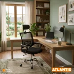 Silla de oficina Atlantis con cabecero y espaldar en malla para oficina moderna.