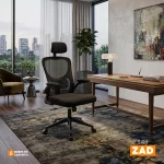 Silla Zad en malla negra con cabecero, apoyo lumbar y brazos abatibles para diferentes