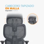 Silla de oficina Sam con reposapiés, cabecero, espaldar en malla y brazos 3D regulables.