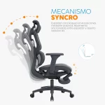 Silla de oficina Sam con reposapiés, cabecero, espaldar en malla y brazos 3D regulables.