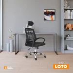 Sillón presidente Loto color negro con cabecero regulable, espaldar en malla y base cromada.