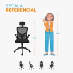 Silla Zad en malla negra con cabecero, apoyo lumbar y brazos abatibles para diferentes