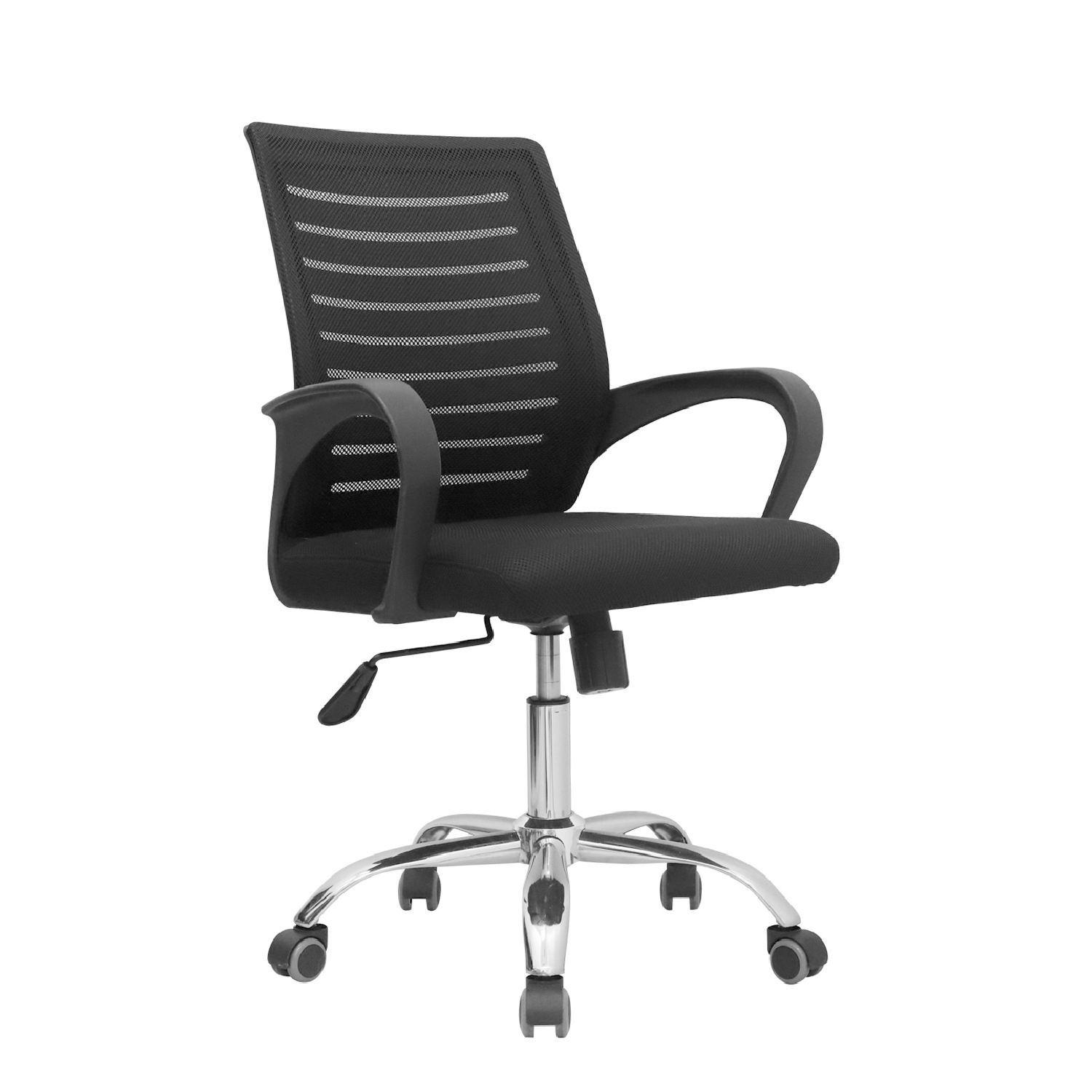 VISTA-1-DEX-GERENTE-NEGRO-XJ La silla Dex en malla gris con marco blanco y base cromada para oficina moderna.