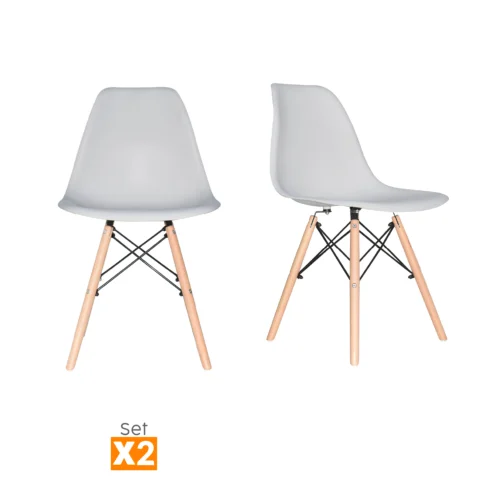 Set x2 sillas de comedor Eames con patas en madera y diseño moderno para comedores contemporáneos.