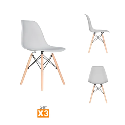 Set x3 sillas de comedor Eames con patas en madera y diseño moderno para comedores contemporáneos.