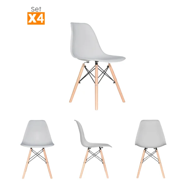 El Set x4 sillas de comedor Eames con patas de madera y diseño moderno para comedor u oficina.