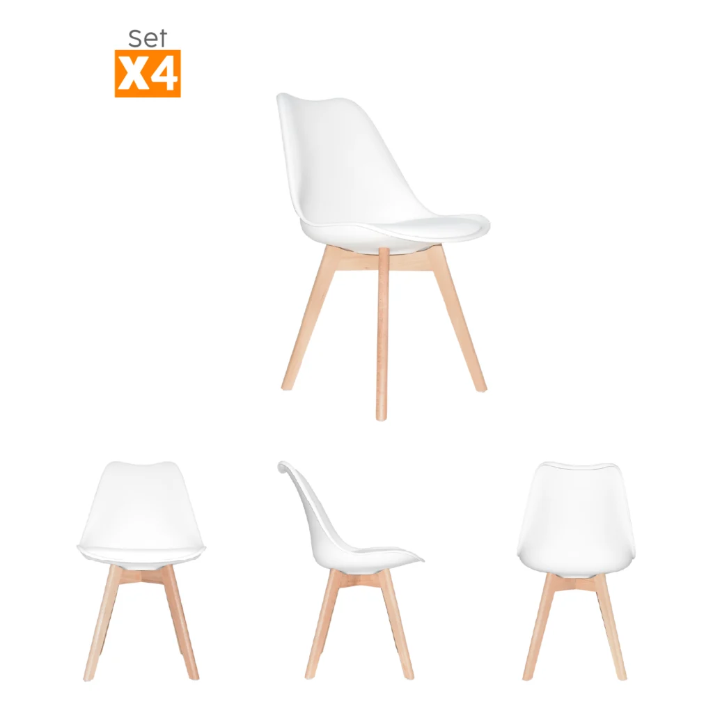 El set x4 sillas de comedor modernas Ema combina diseño contemporáneo y comodidad para renovar comedores y espacios modernos.
