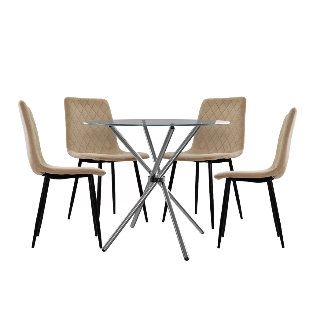 Juego de comedor AMSI de 4 puestos con mesa circular en vidrio y sillas tapizadas en terciopelo color arena.