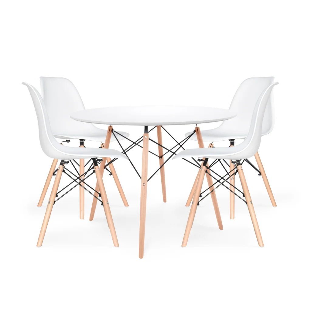 Juego de comedor Milan con mesa y cuatro sillas modernas estilo escandinavo para hogar contemporáneo.