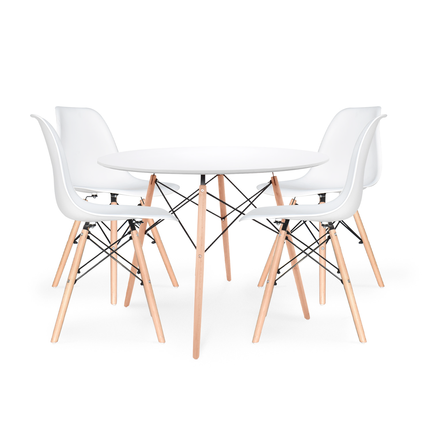 VISTA-1-JUEGO-MILAN-BLANCO Juego de comedor Milan con mesa y cuatro sillas modernas estilo escandinavo para hogar contemporáneo.