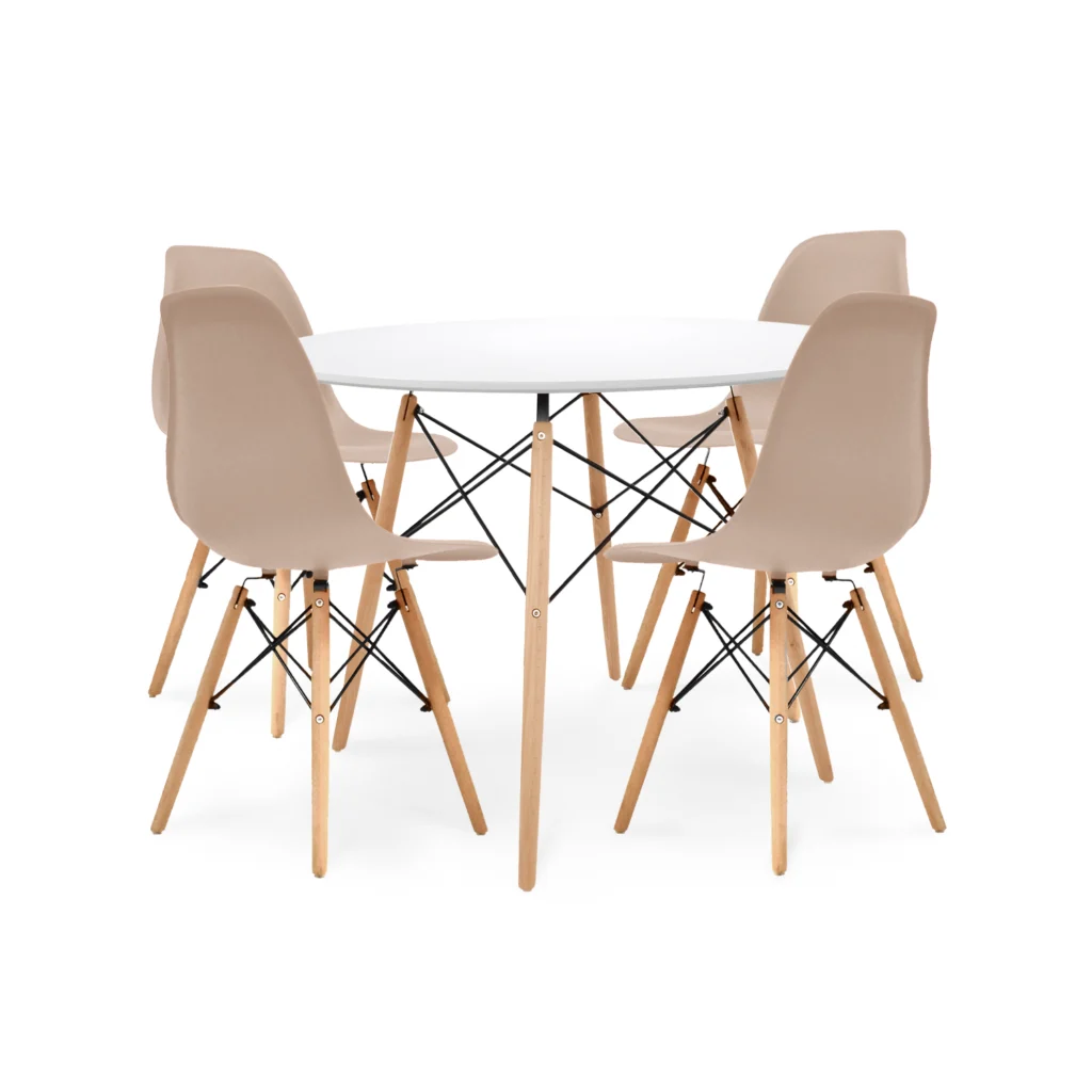 El juego de comedor Milano con mesa redonda y 4 sillas modernas. Diseño funcional, resistente y perfecto para hogares contemporáneos.