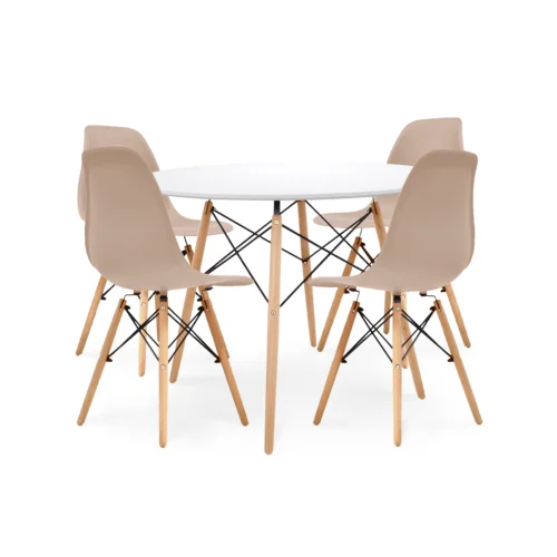 El juego de comedor Milano con mesa redonda y 4 sillas modernas. Diseño funcional, resistente y perfecto para hogares contemporáneos.