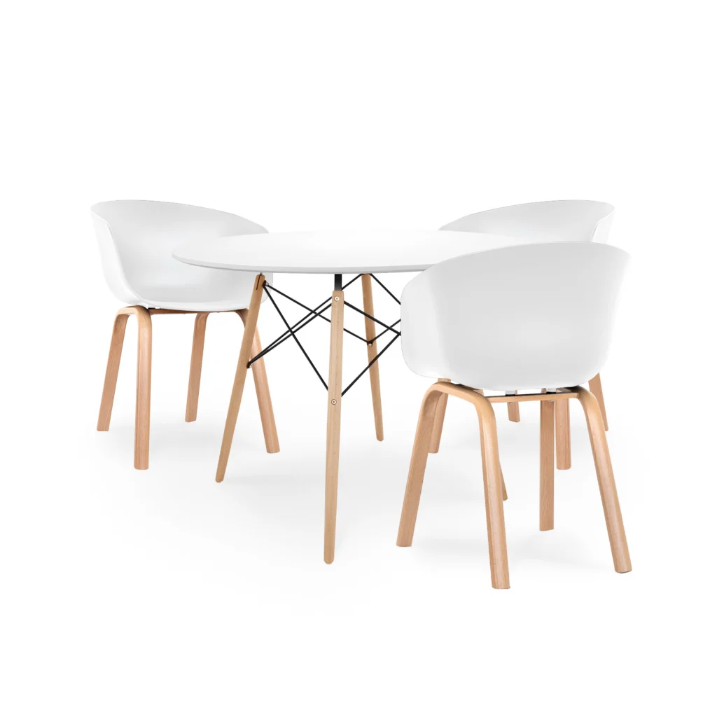 Comedor Nápoles con mesa redonda y tres sillas en tonos claros para espacios modernos y minimalistas.