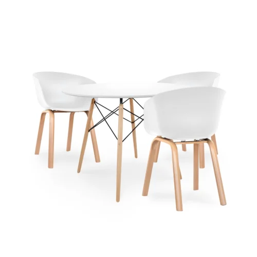 Comedor Nápoles con mesa redonda y tres sillas en tonos claros para espacios modernos y minimalistas.