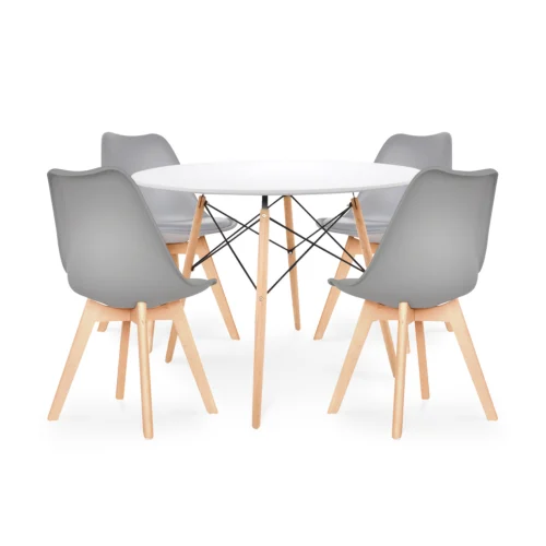Juego de comedor Sevilla con mesa redonda moderna y cuatro sillas con asiento tapizado para espacios elegantes y contemporáneos.