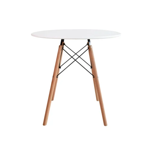 Mesa redonda Eames con estructura moderna y patas en madera para espacios contemporáneos.