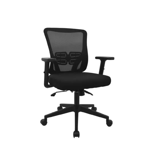 La silla de oficina Miles con espaldar en malla, apoyo lumbar regulable, brazos regulables y base giratoria resistente.