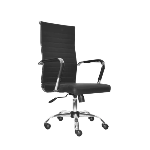La silla Odra negra con estructura cromada y tapizado en cuero sintético para oficina moderna, salas de reuniones y despachos