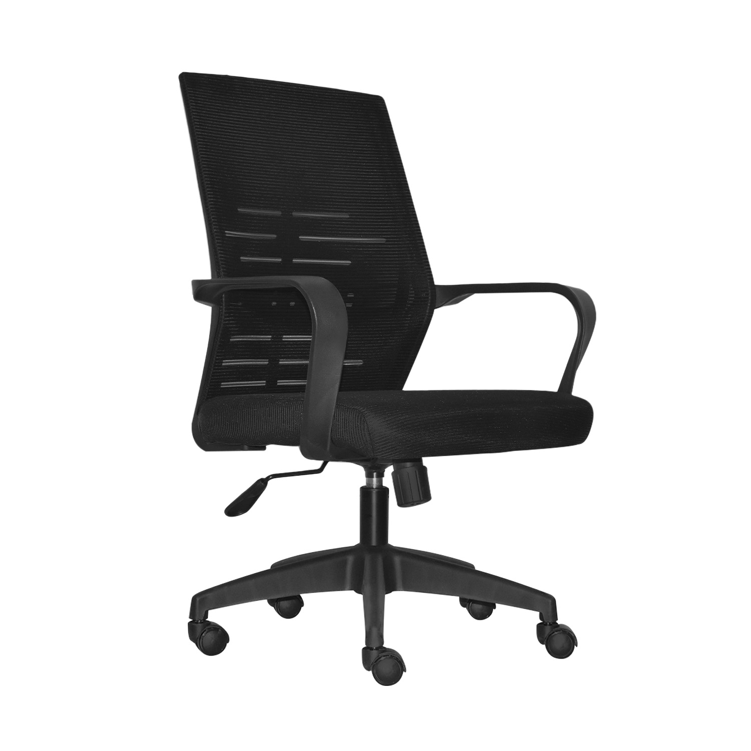 VISTA-1-SILLA-FRANZ-NEGRA La silla de oficina Franz con espaldar en malla negra y diseño ergonómico moderno para oficinas operativas y administrativas.
