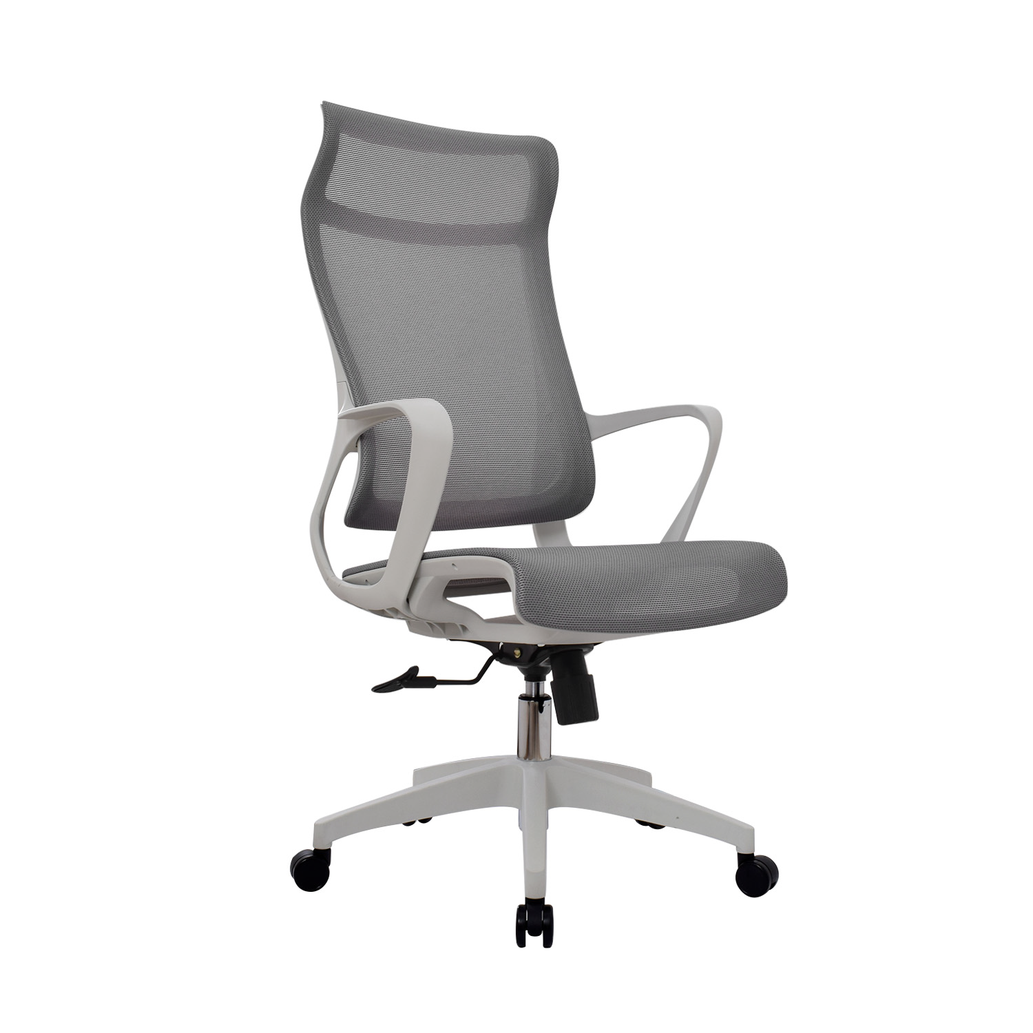 VISTA-1-SILLA-PSTE-RIGS-FULL-MALLA-GRIS La silla de oficina Rigs con cabecero, espaldar en malla, asiento transpirable y mecanismo basculante.
