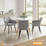 El juego de comedor Owen con mesa redonda en MDF y 4 sillas tapizadas en terciopelo. Diseño moderno, elegante y perfecto para tu hogar.
