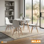 Juego de comedor Milan con mesa y cuatro sillas modernas estilo escandinavo para hogar contemporáneo.