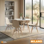 El juego de comedor Milano con mesa redonda y 4 sillas modernas. Diseño funcional, resistente y perfecto para hogares contemporáneos.