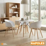 Comedor Nápoles con mesa redonda y tres sillas en tonos claros para espacios modernos y minimalistas.