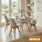 Juego de comedor Sevilla con mesa redonda moderna y cuatro sillas con asiento tapizado para espacios elegantes y contemporáneos.