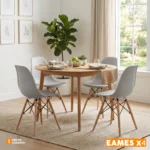 El Set x4 sillas de comedor Eames con patas de madera y diseño moderno para comedor u oficina.