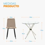 Juego de comedor AMSI de 4 puestos con mesa circular en vidrio y sillas tapizadas en terciopelo color arena.