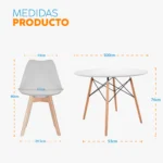 Juego de comedor Sevilla con mesa redonda moderna y cuatro sillas con asiento tapizado para espacios elegantes y contemporáneos.