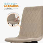 Juego de comedor AMSI de 4 puestos con mesa circular en vidrio y sillas tapizadas en terciopelo color arena.