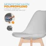Juego de comedor Sevilla con mesa redonda moderna y cuatro sillas con asiento tapizado para espacios elegantes y contemporáneos.