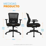 La silla de oficina Miles con espaldar en malla, apoyo lumbar regulable, brazos regulables y base giratoria resistente.