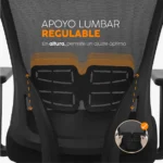 La silla de oficina Miles con espaldar en malla, apoyo lumbar regulable, brazos regulables y base giratoria resistente.