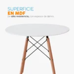 Mesa redonda Eames con estructura moderna y patas en madera para espacios contemporáneos.