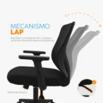 La silla de oficina Miles con espaldar en malla, apoyo lumbar regulable, brazos regulables y base giratoria resistente.