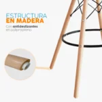 La silla de bar Eames blanco con patas de madera y estructura reforzada para espacios modernos.