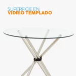 Juego de comedor AMSI de 4 puestos con mesa circular en vidrio y sillas tapizadas en terciopelo color arena.