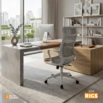 La silla de oficina Rigs con cabecero, espaldar en malla, asiento transpirable y mecanismo basculante.