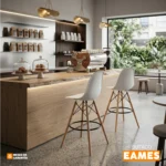 La silla de bar Eames blanco con patas de madera y estructura reforzada para espacios modernos.