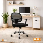 Silla de oficina Mali con espaldar en malla, asiento acolchado y base giratoria de alta resistencia.