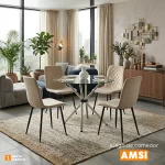 Juego de comedor AMSI de 4 puestos con mesa circular en vidrio y sillas tapizadas en terciopelo color arena.