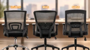 Comparación de las sillas Atlantis, Miles y Radius, mostrando las diferencias de los sistemas de soporte lumbar.